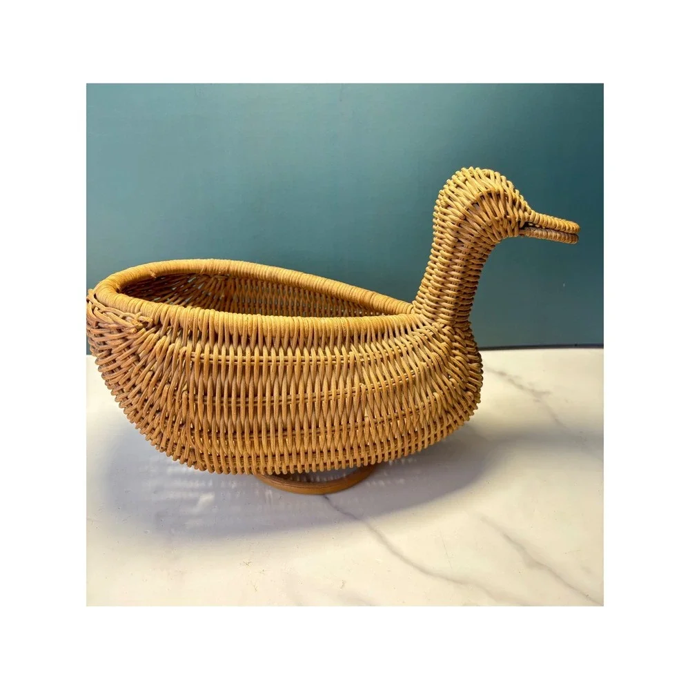 Vintage Wicker Duck Basket Handwoven Rattan Mallard Figurine Decor Catchall